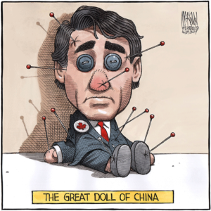 Bruce MacKinnon's  portrayal of Justin Trudeau as China's voodoo doll